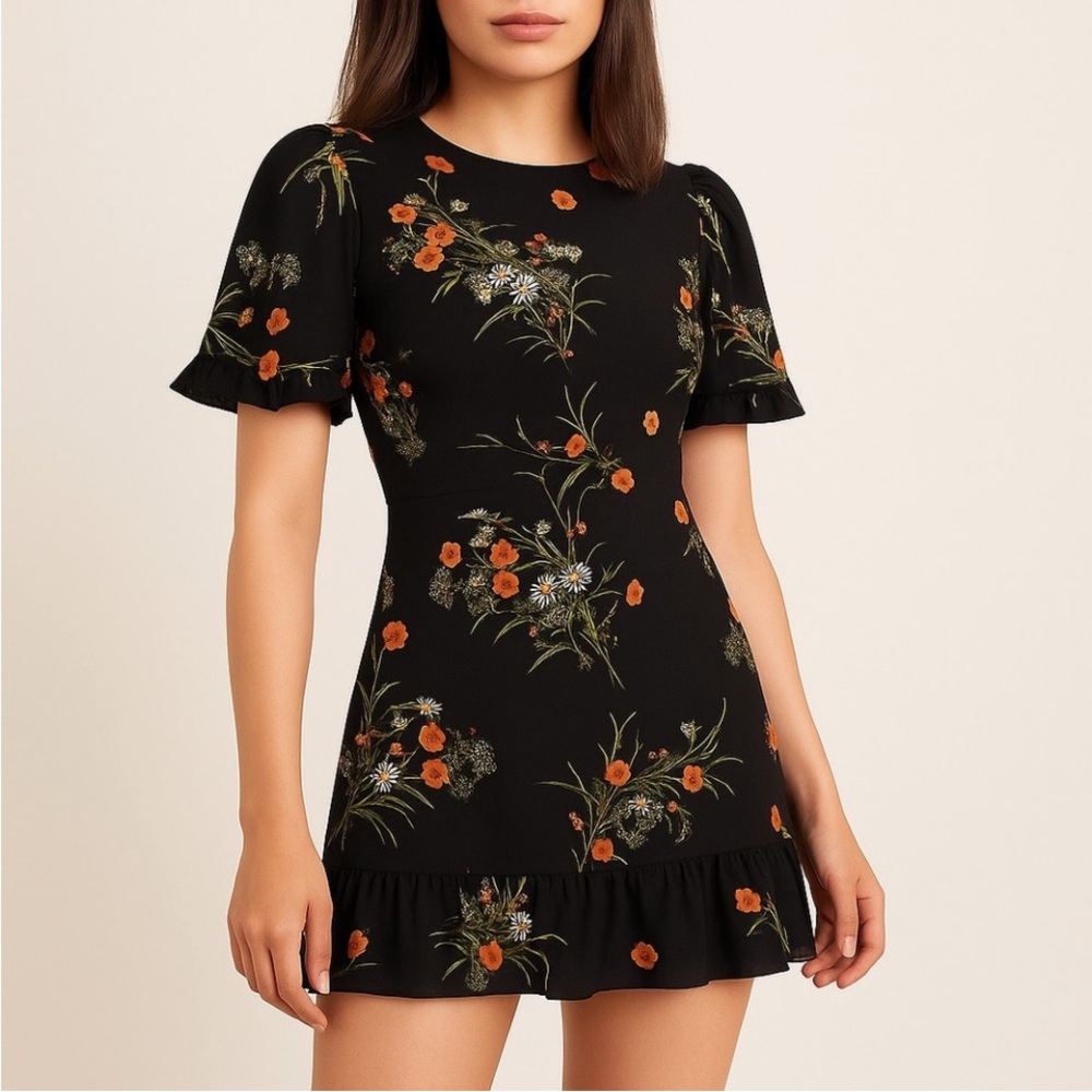 Reformation Alaina Floral Tie Back Black Dress